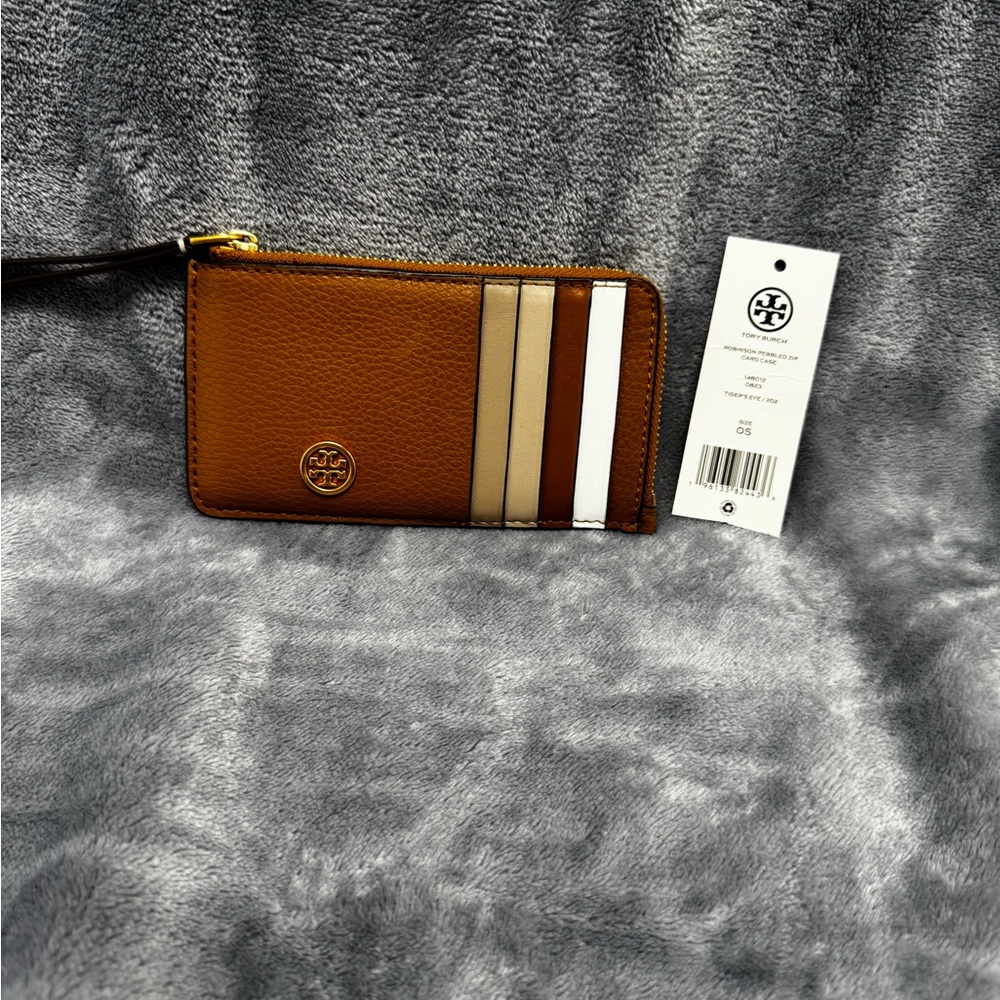 Tory Burch Tan and White Leather Card Holder